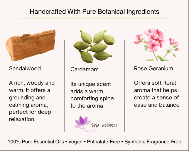 Sandalwood essential oil reed diffuser by Siya Wellness, warm woody aroma diffuser for home, natural aromatherapy and long-lasting fragrance