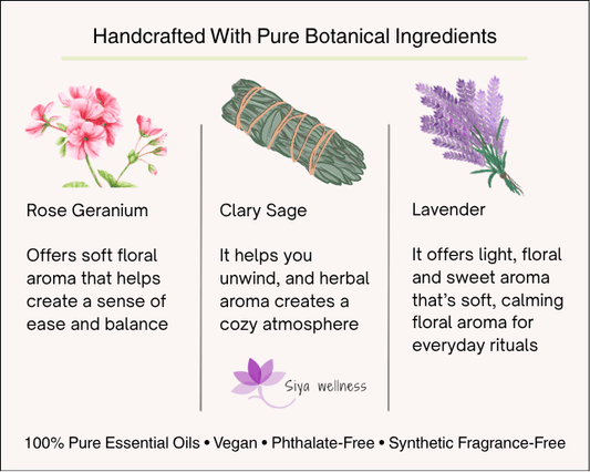 Rahat essential oil blend with clary sage, geranium, and lavender to promote emotional balance, relaxation, and hormonal harmony