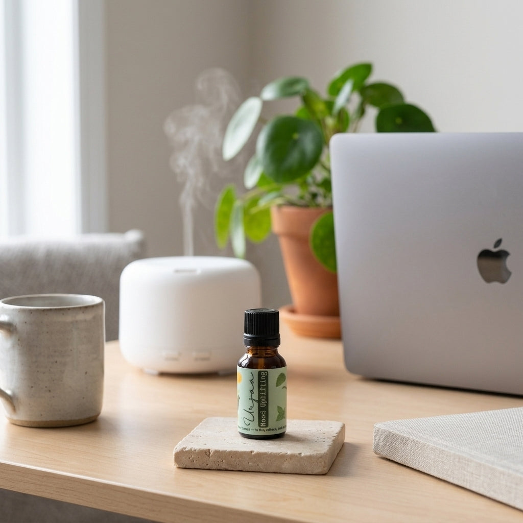 Urjaa essential oil blend with peppermint, sweet orange, and lemon for energizing, refreshing, and uplifting the mood
