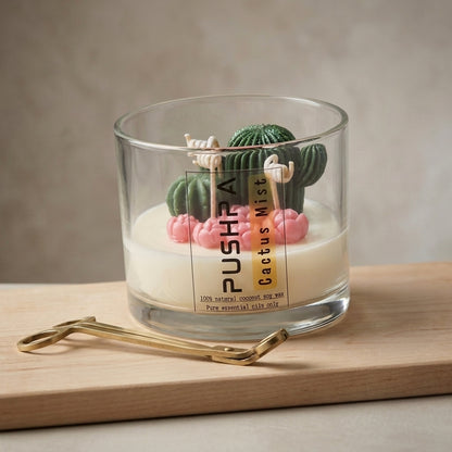 Handcrafted cactus-shaped decor candle from the Pushpa collection by Siya Wellness, infused with aromatherapy oils for a fresh and calming ambiance