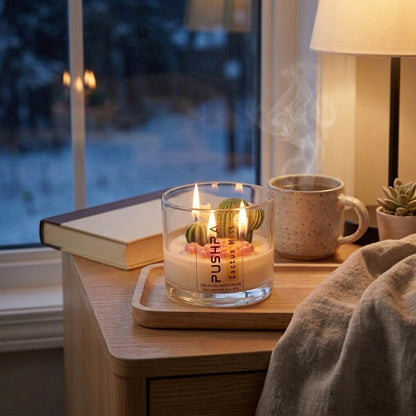 Handcrafted cactus-shaped decor candle from the Pushpa collection by Siya Wellness, infused with aromatherapy oils for a fresh and calming ambiance