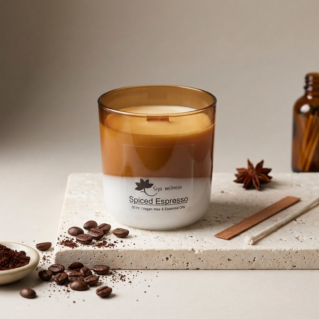 Spiced Espresso candle with rich coffee aroma, warm spice notes, and handcrafted soy wax in a glass jar by Siya Wellness