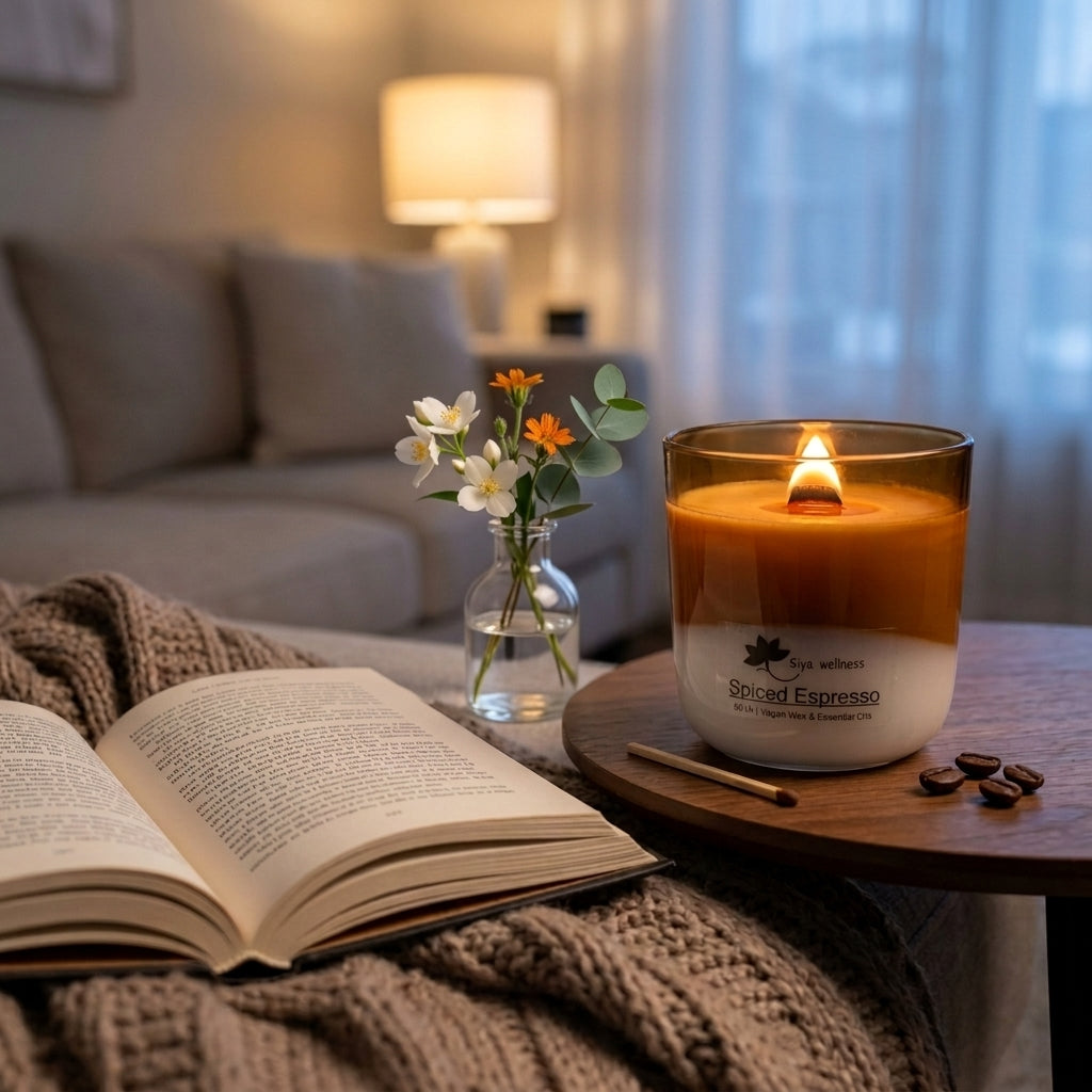 Spiced Espresso candle with rich coffee aroma, warm spice notes, and handcrafted soy wax in a glass jar by Siya Wellness