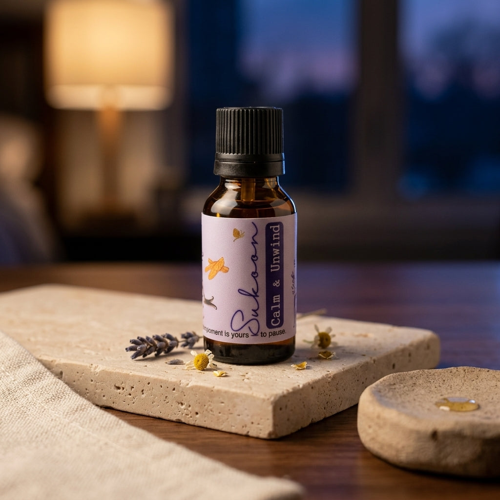 Sukoon essential oil blend with lavender, sweet orange, and cedarwood for calming, grounding, and stress relief