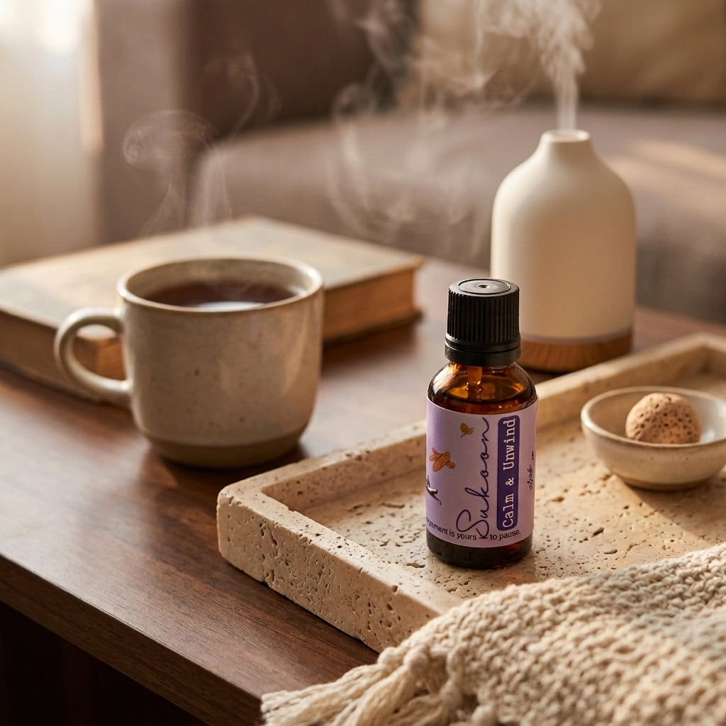 Sukoon essential oil blend with lavender, sweet orange, and cedarwood for calming, grounding, and stress relief