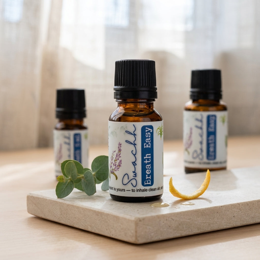 swachh essential oil blend with eucalyptus, tea tree, and lemongrass for purifying, refreshing, and respiratory support