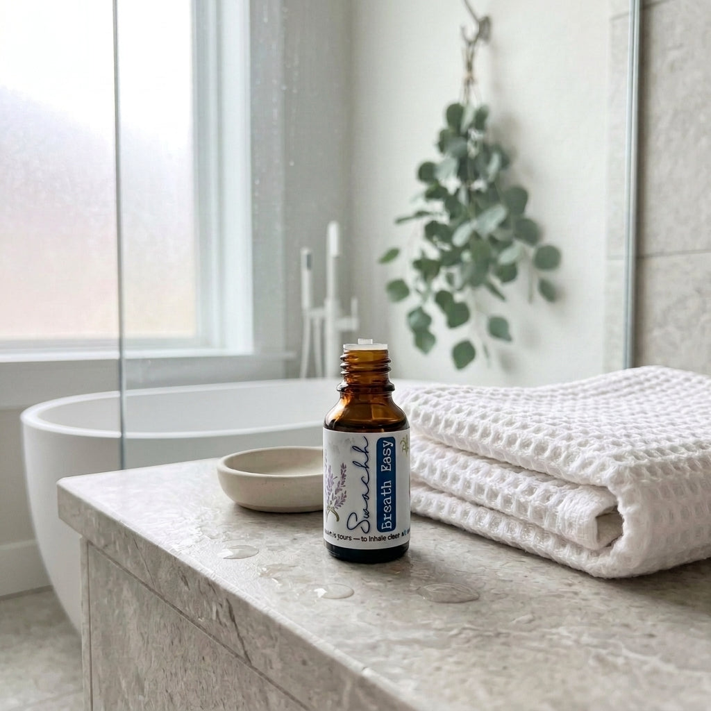 swachh essential oil blend with eucalyptus, tea tree, and lemongrass for purifying, refreshing, and respiratory support