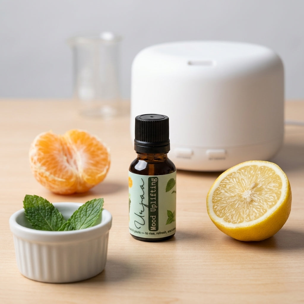 Urjaa essential oil blend with peppermint, sweet orange, and lemon for energizing, refreshing, and uplifting the mood