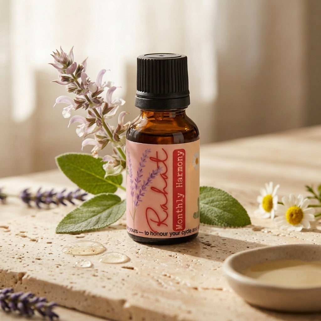 Rahat essential oil blend with clary sage, geranium, and lavender to promote emotional balance, relaxation, and hormonal harmony