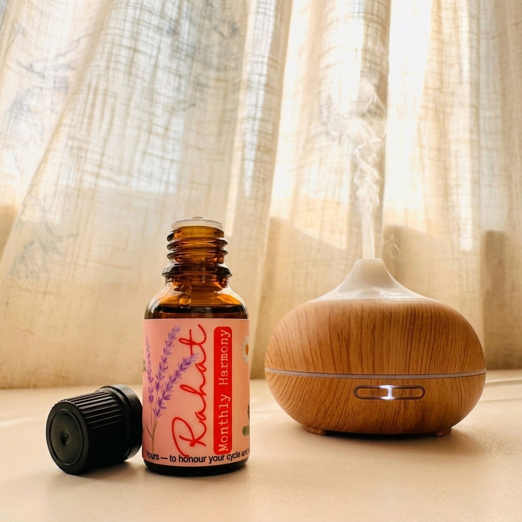 Rahat essential oil blend with clary sage, geranium, and lavender to promote emotional balance, relaxation, and hormonal harmony