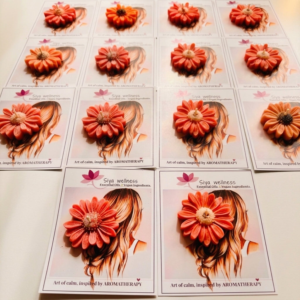 Decorative daisy flower candles by Siya Wellness, handcrafted aromatherapy wax melts for gifting, home decor, and wellness hampers