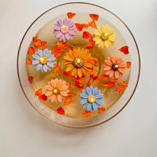 Decorative daisy flower candles by Siya Wellness, handcrafted aromatherapy wax melts for gifting, home decor, and wellness hampers