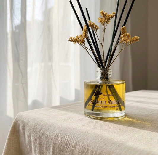 Sandalwood essential oil reed diffuser by Siya Wellness, warm woody aroma diffuser for home, natural aromatherapy and long-lasting fragrance