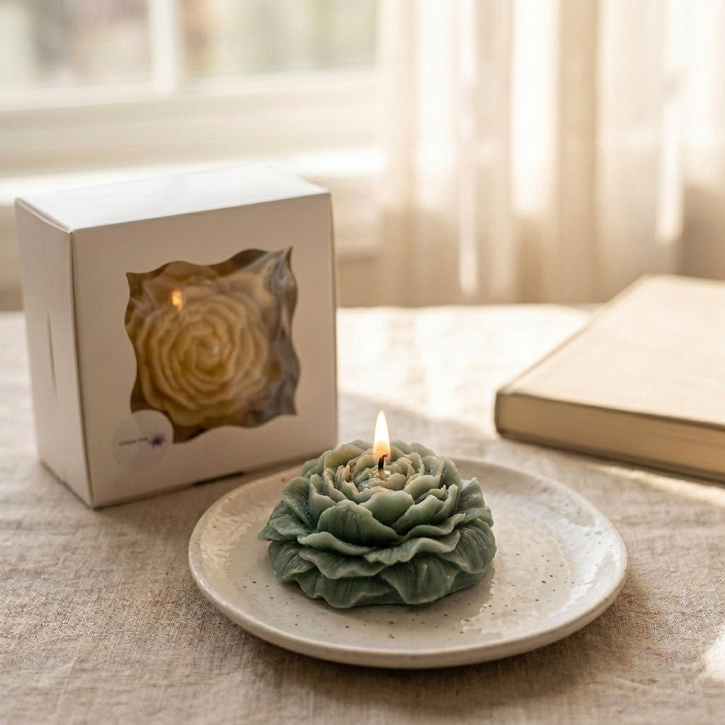 Pushpa Peony Bloom aromatherapy decor candle by Siya Wellness, handcrafted floral candle with essential oils for gifting and home decor