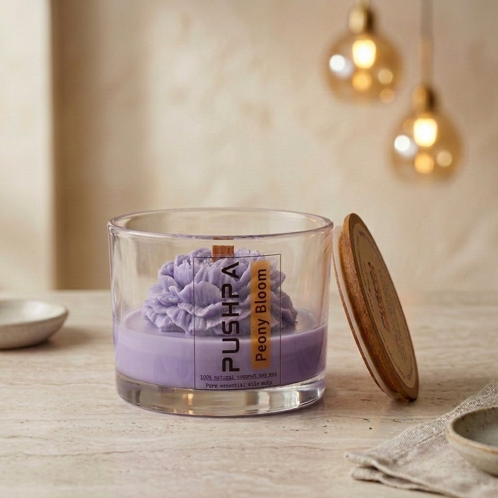 Pushpa Peony Bloom aromatherapy decor candle by Siya Wellness, handcrafted floral candle with essential oils for gifting and home decor