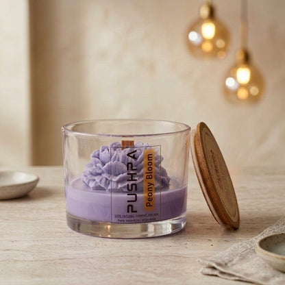 Pushpa Peony Bloom aromatherapy decor candle by Siya Wellness, handcrafted floral candle with essential oils for gifting and home decor