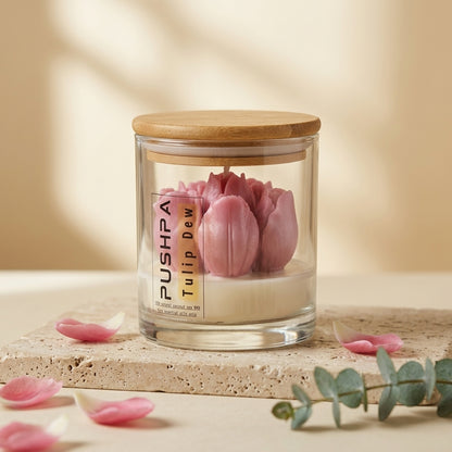 Pushpa Tulip dew decor aromatherapy candle by Siya Wellness, handcrafted floral candle with essential oils for gifting and home decor