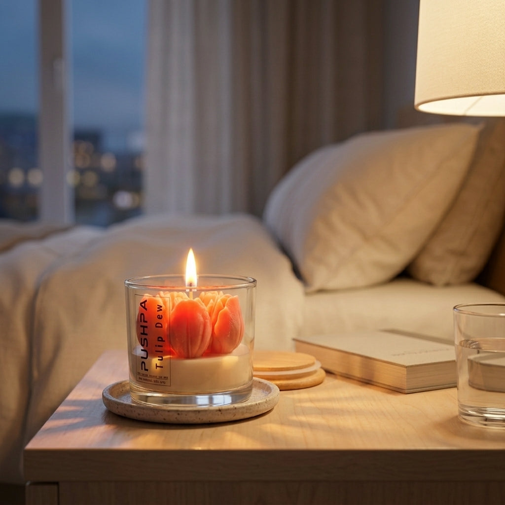 Pushpa Tulip dew decor aromatherapy candle by Siya Wellness, handcrafted floral candle with essential oils for gifting and home decor