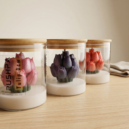 Pushpa Tulip dew decor aromatherapy candle by Siya Wellness, handcrafted floral candle with essential oils for gifting and home decor