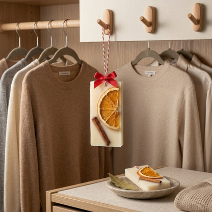 Mulled orange wax sachet with warm citrus and spice notes, crafted to gently fragrance closets and small spaces with a cozy aroma