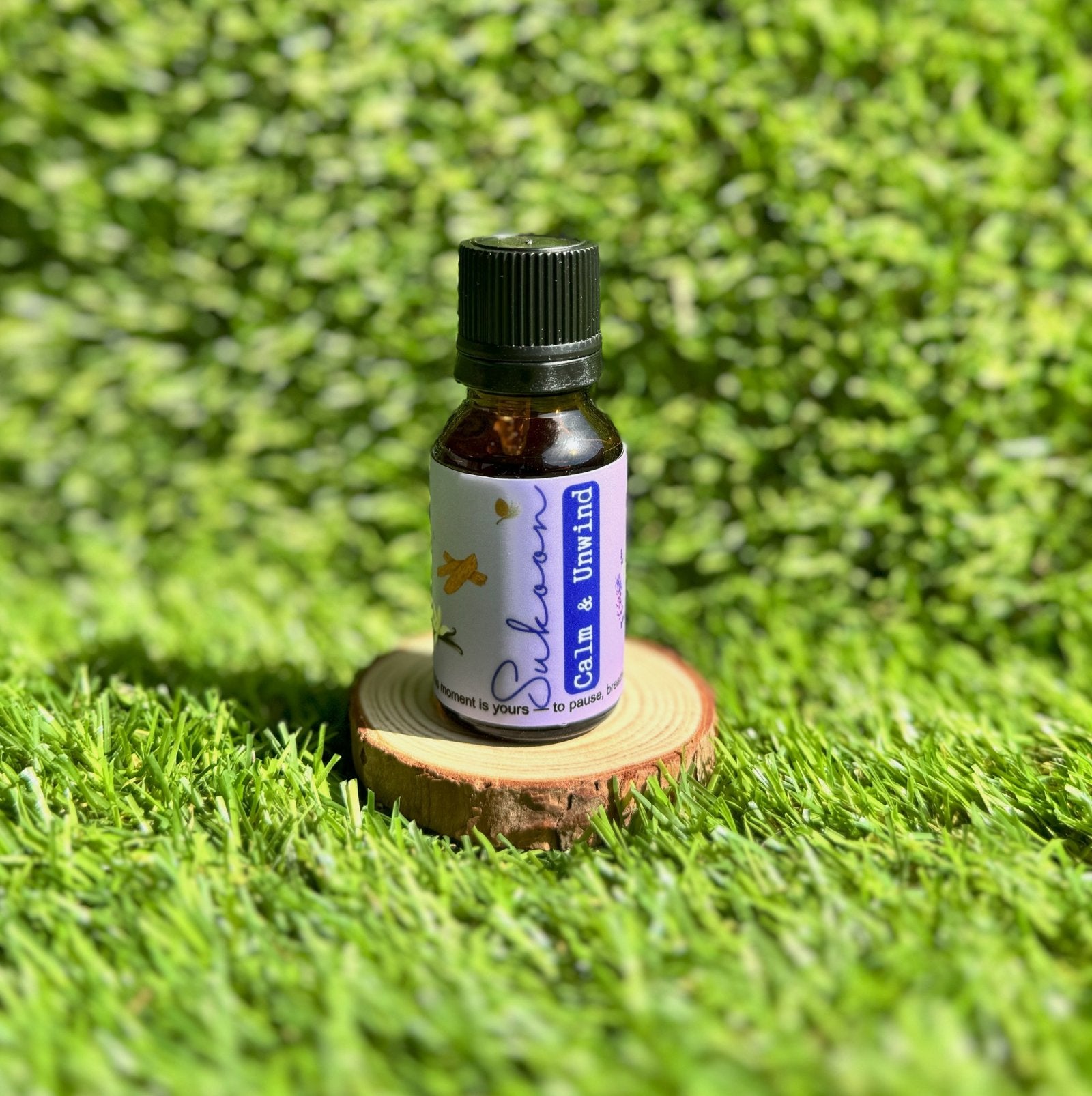 Sukoon essential oil blend with lavender, sweet orange, and cedarwood for calming, grounding, and stress relief