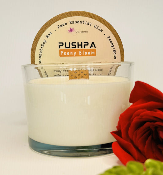 Handcrafted peony aroma decor candle from the Pushpa collection by Siya Wellness, infused with aromatherapy oils for a fresh and calming ambiance