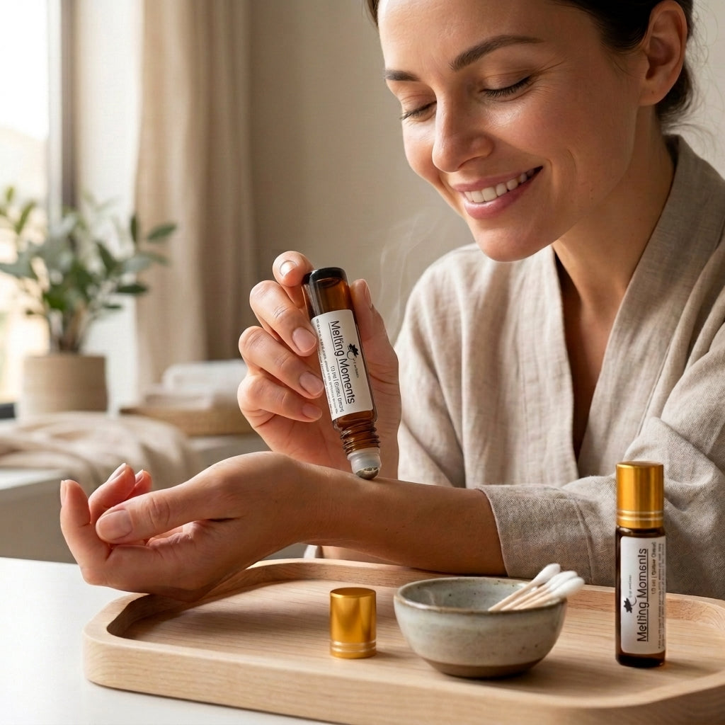 Melting Moments roll-on with jasmine and rose essential oils for a soft floral aroma that promotes relaxation and emotional comfort