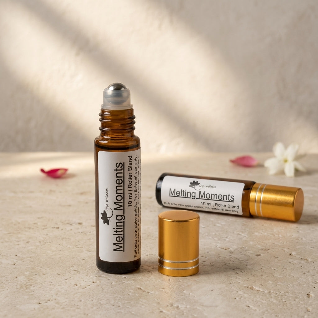 Melting Moments roll-on with jasmine and rose essential oils for a soft floral aroma that promotes relaxation and emotional comfort