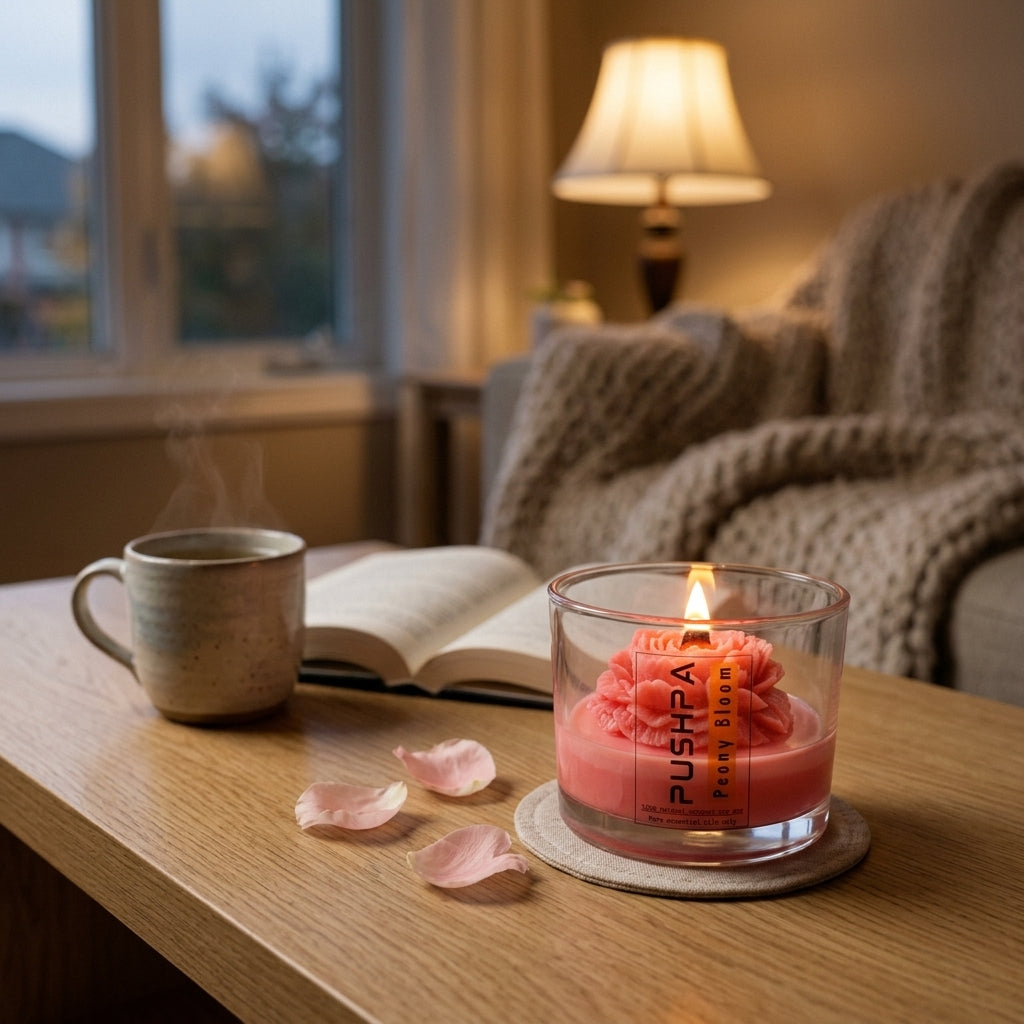 Handcrafted peony decor candle from the Pushpa collection by Siya Wellness, infused with aromatherapy oils for a fresh and calming ambiance