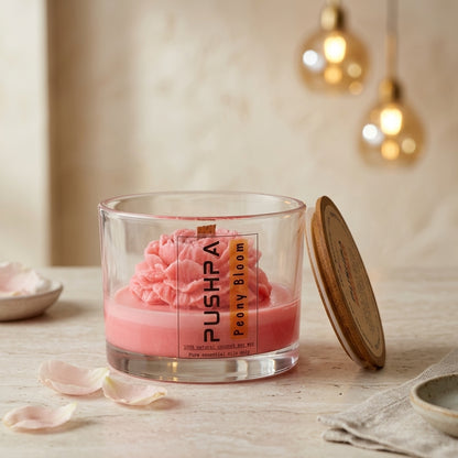 Pushpa Peony Bloom aromatherapy decor candle by Siya Wellness, handcrafted floral candle with essential oils for gifting and home decor